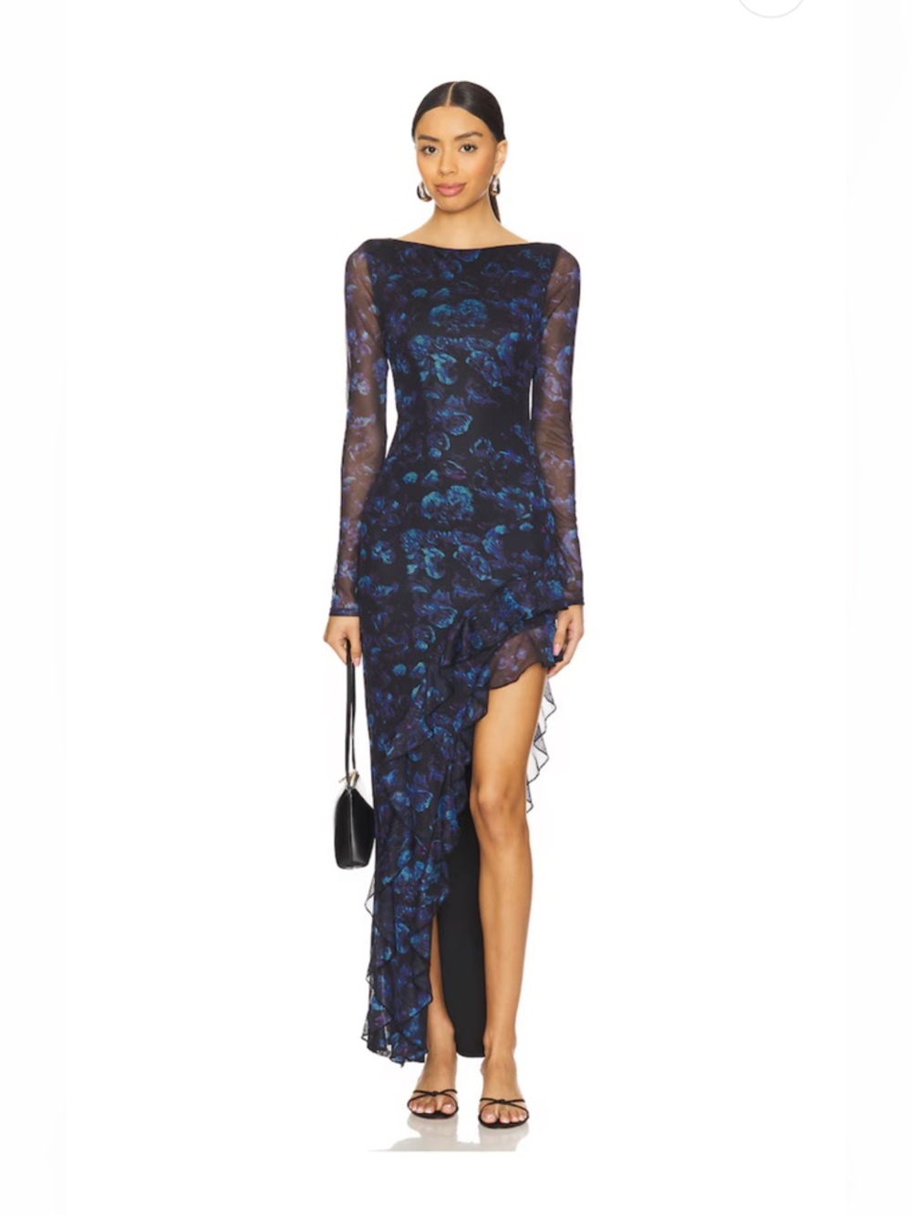 Revolve ALONDRA Maxi Dress Navy Blue Floral Long-Sleeve Mesh Evening Gown